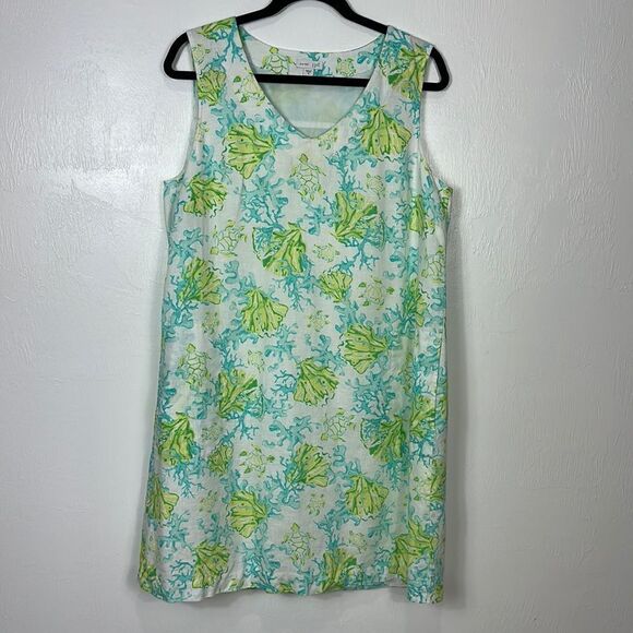 J. Jill Love Linen Ocean Coral Turtle Print Sleeveless V-neck Shift Dress Size M - Picture 1 of 9